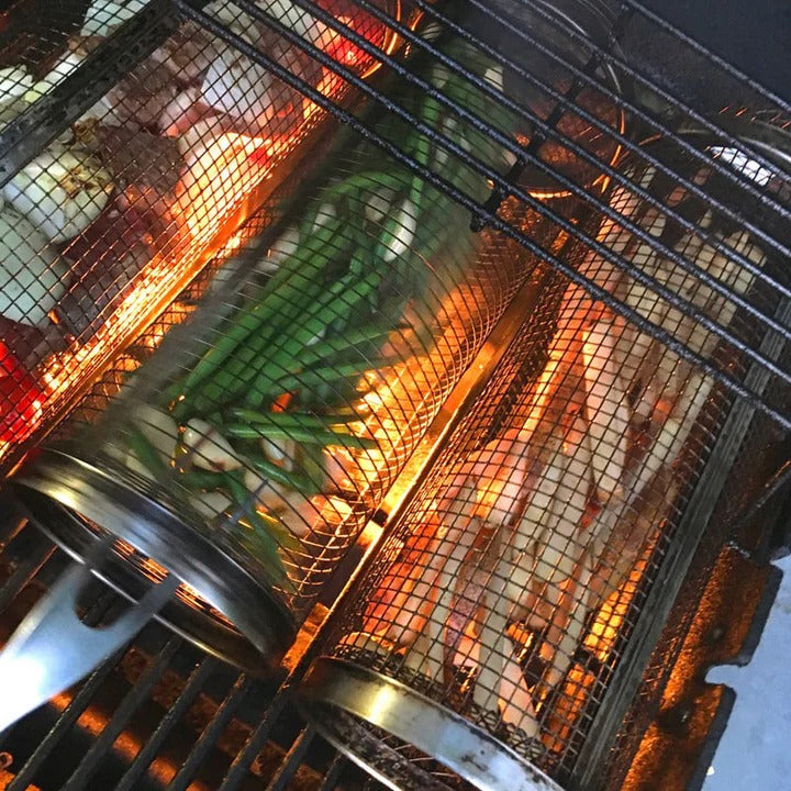 Stainless Steel Rotating Grill Basket with Easy Access Door