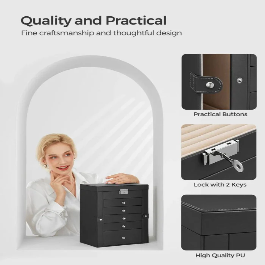 Elegant 6-Tier Jewelry Organizer with Mirror and Lock