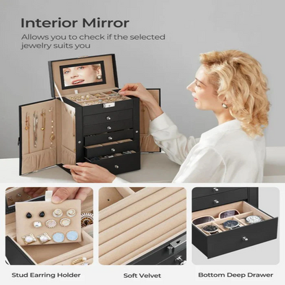 Elegant 6-Tier Jewelry Organizer with Mirror and Lock