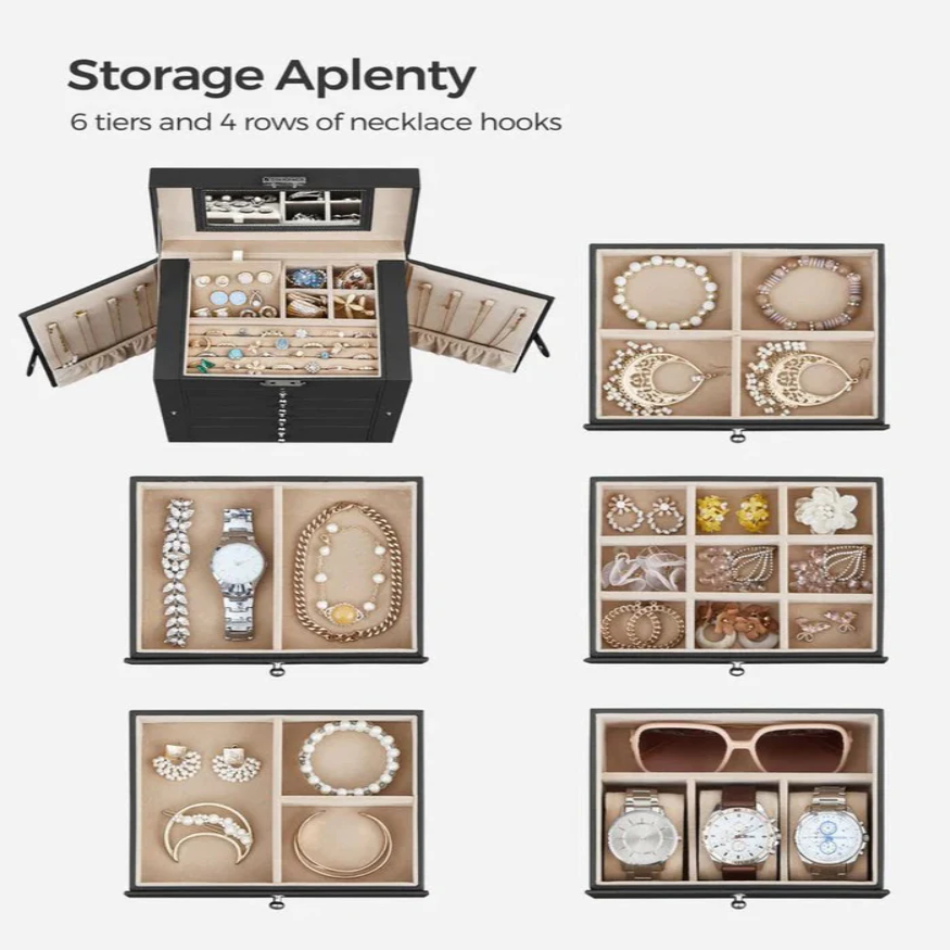 Elegant 6-Tier Jewelry Organizer with Mirror and Lock