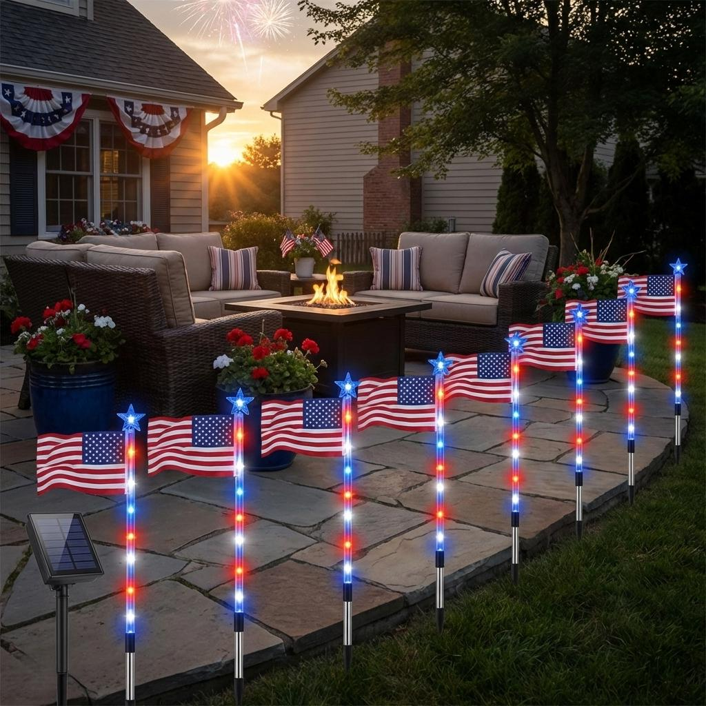 Patriotic Solar Pathway Lights with 8 Modes – Set of 8