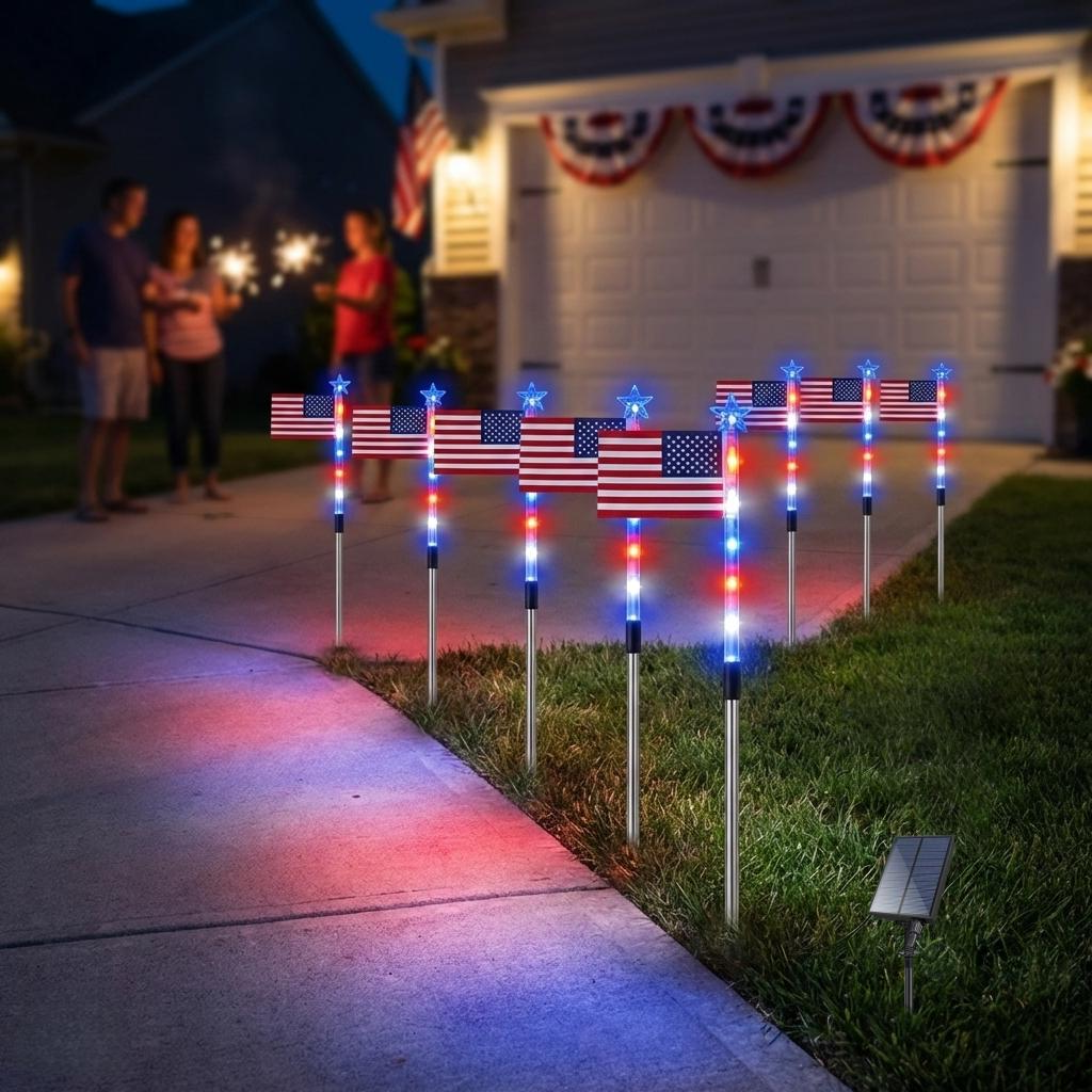 Patriotic Solar Pathway Lights with 8 Modes – Set of 8