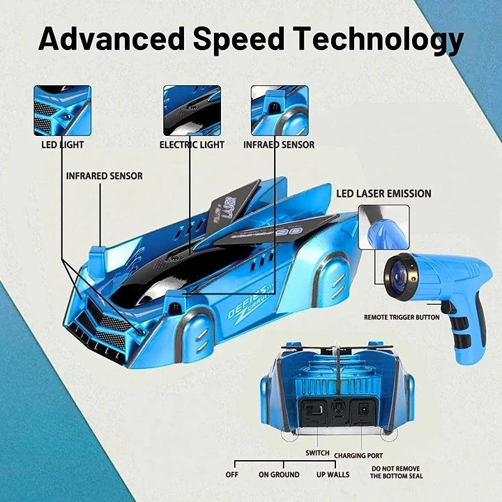 Gravity-Defying RC Stunt Car with LED Lights – Wall Climbing Toy for Kids, USB Rechargeable