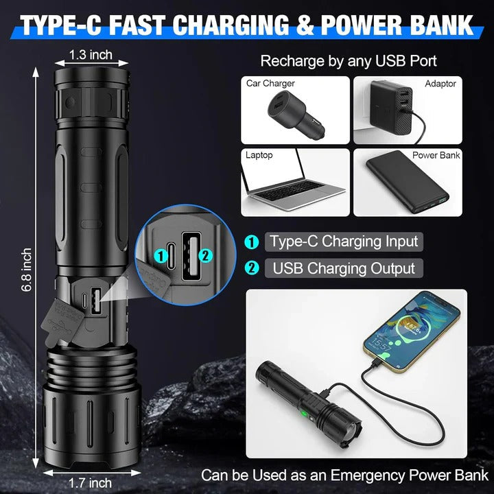 Adjustable Beam Focus LED Flashlight with Power Bank - IPX5 Waterproof