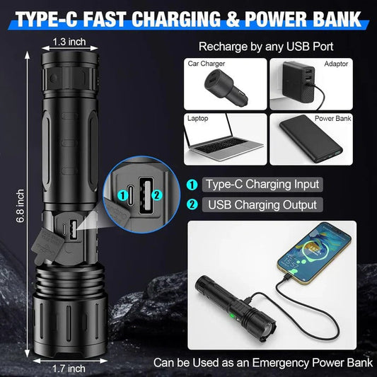 Adjustable Beam Focus LED Flashlight with Power Bank - IPX5 Waterproof
