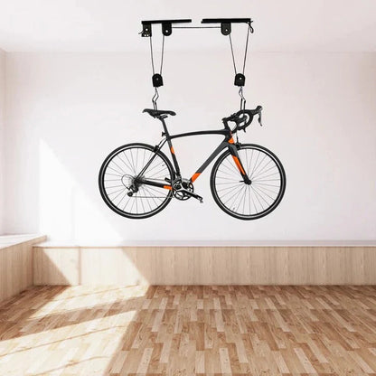 Overhead Bike Storage System with Protective Hooks and Safety Strap, 132 lb Capacity