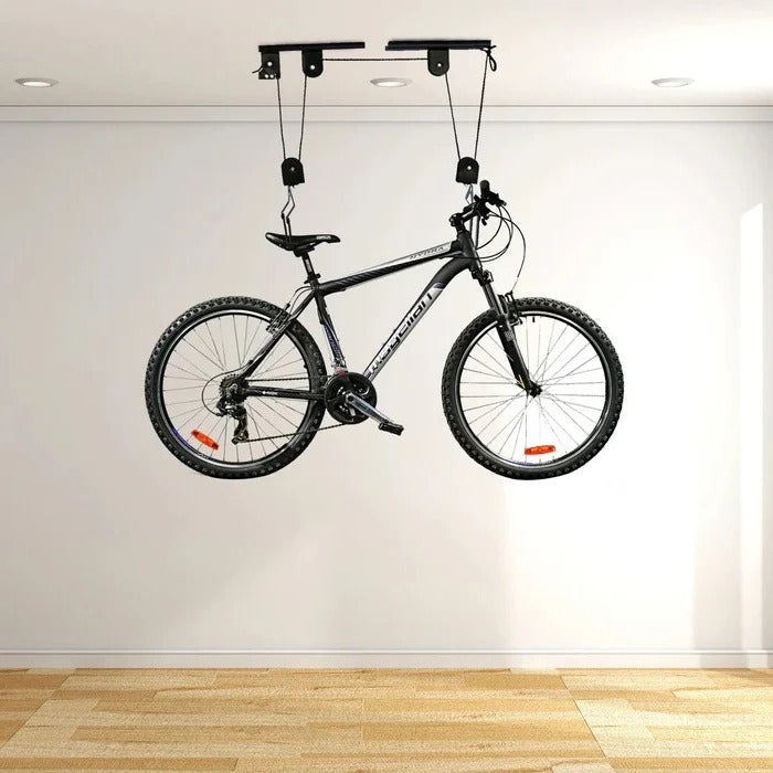 Overhead Bike Storage System with Protective Hooks and Safety Strap, 132 lb Capacity