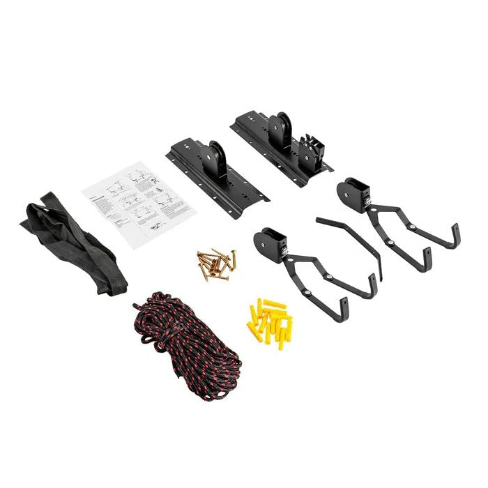 Overhead Bike Storage System with Protective Hooks and Safety Strap, 132 lb Capacity