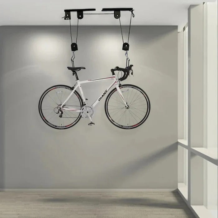 Overhead Bike Storage System with Protective Hooks and Safety Strap, 132 lb Capacity