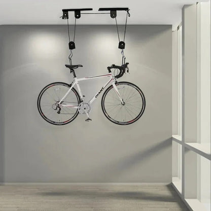 Overhead Bike Storage System with Protective Hooks and Safety Strap, 132 lb Capacity