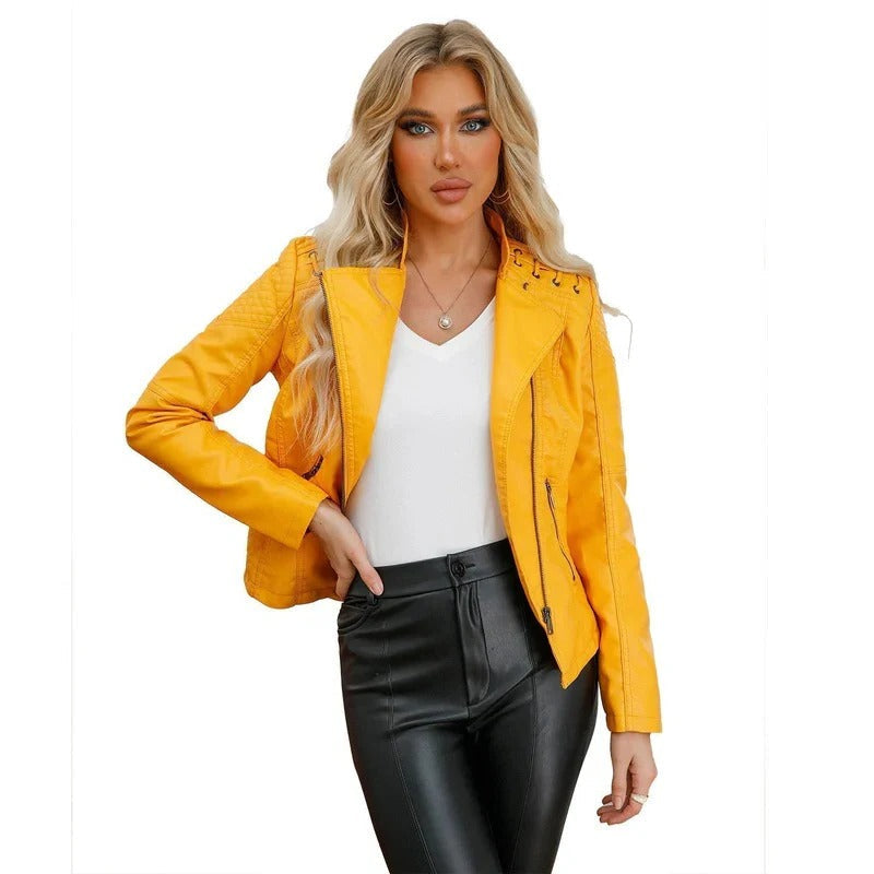 Chic Women's Lambskin Leather Jacket with Sleek Closure