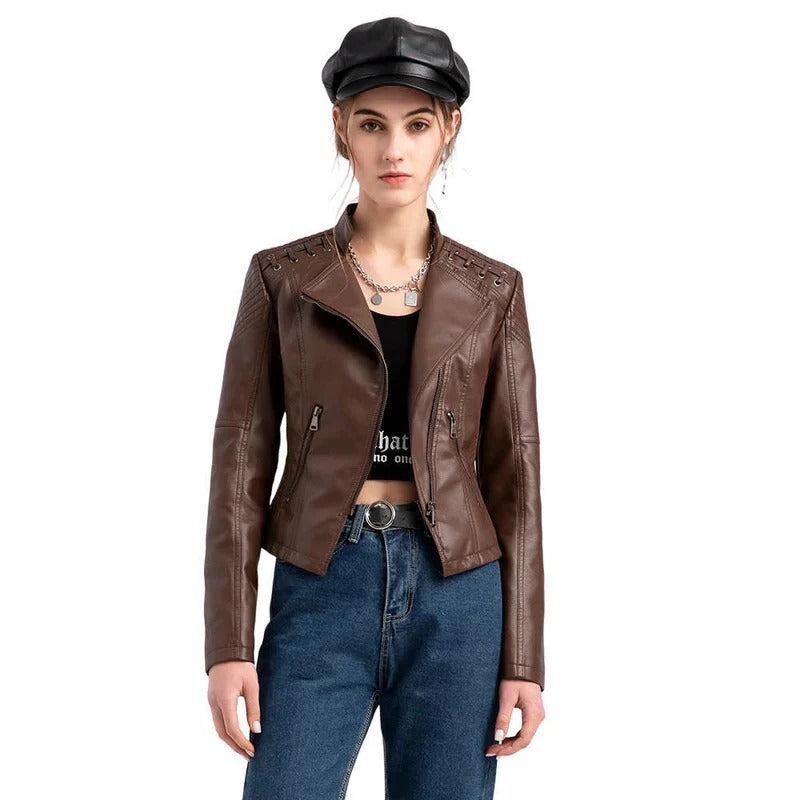Chic Women's Lambskin Leather Jacket with Sleek Closure