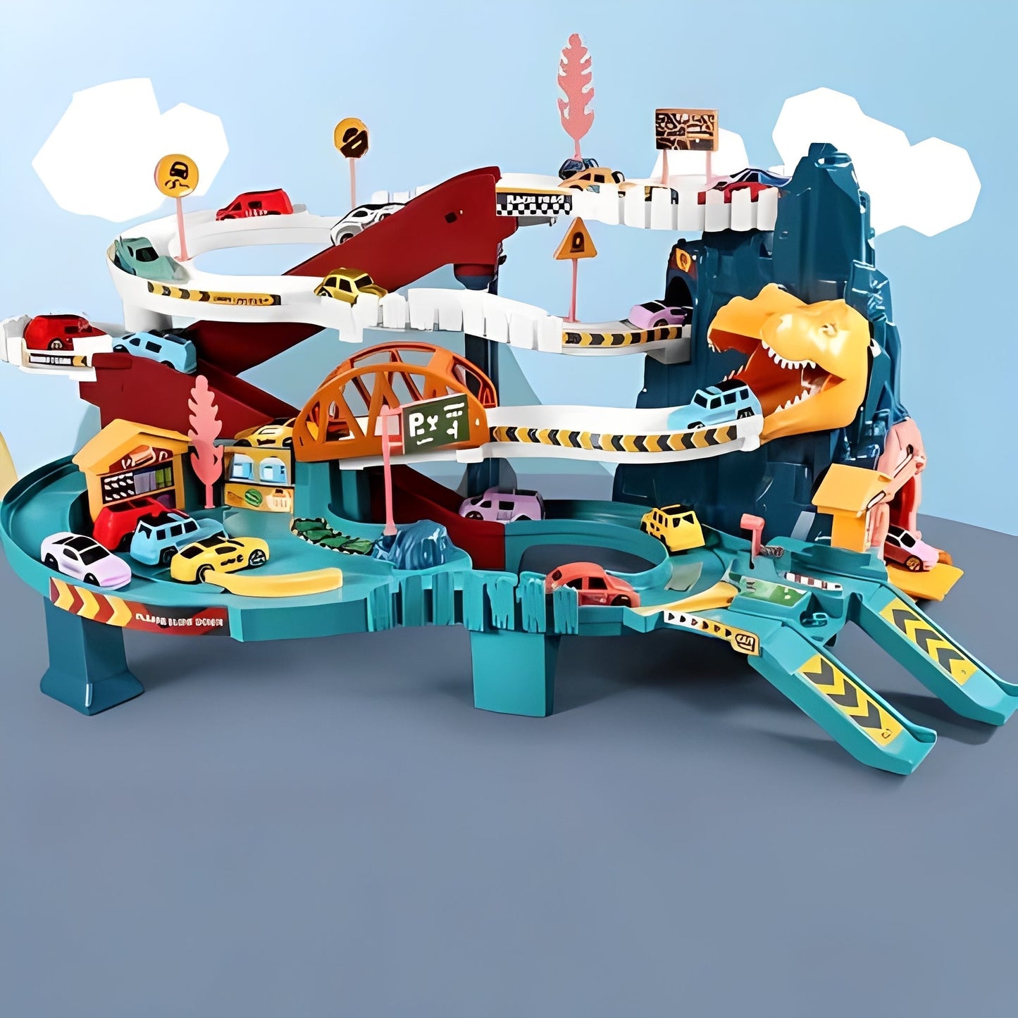 Dino Dash Racing Set with Eight Cars and Multi-Tiered Track