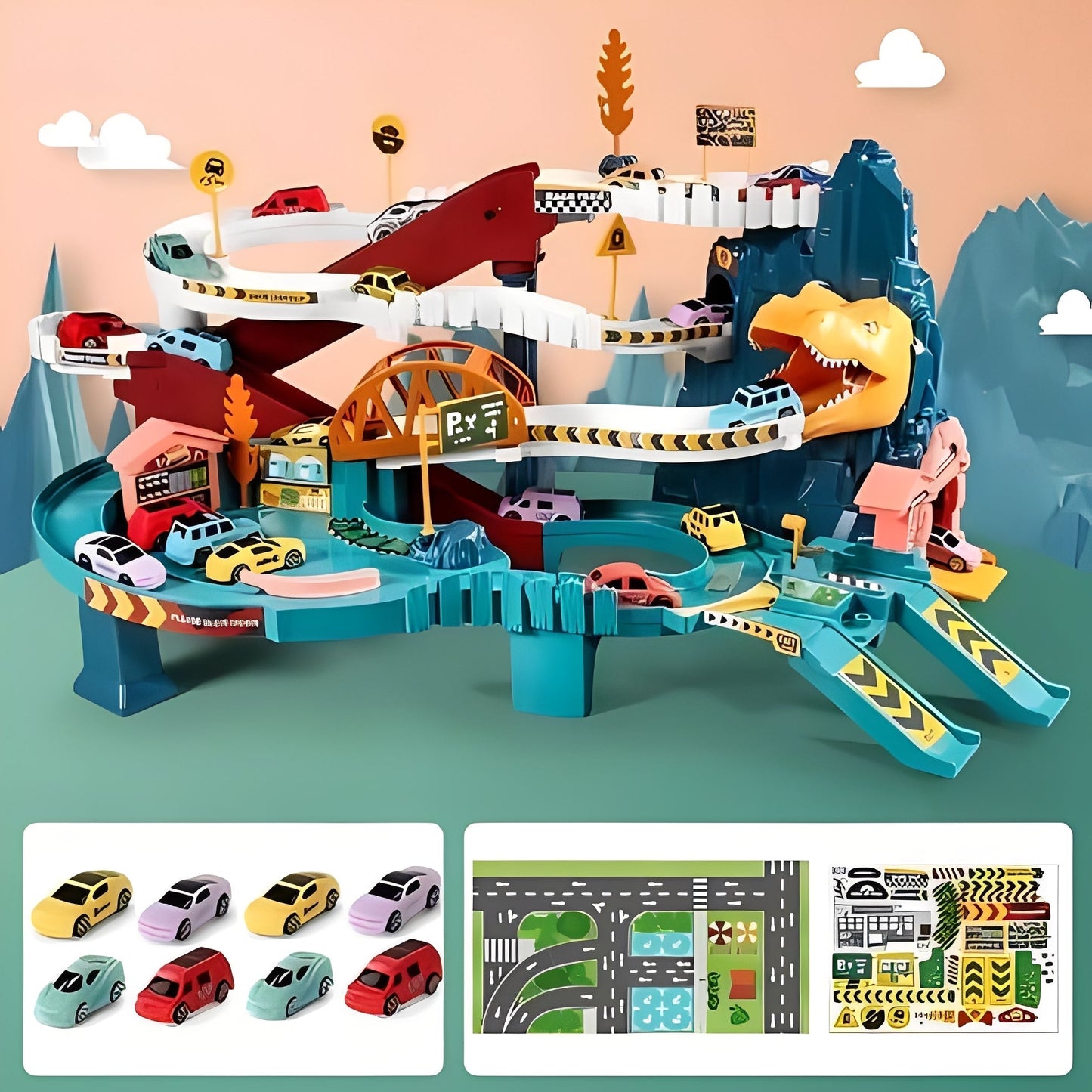 Dino Dash Racing Set with Eight Cars and Multi-Tiered Track