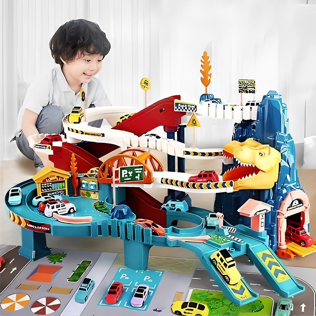 Dino Dash Racing Set with Eight Cars and Multi-Tiered Track