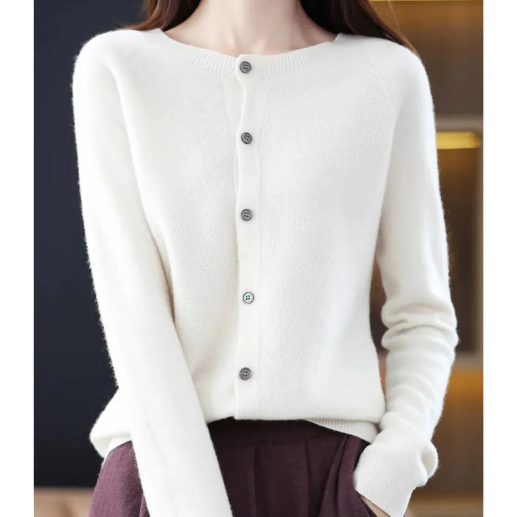 Plus Size Women's Long Sleeve Button-Up Knit Cardigan with Round Neck, S to 3XL