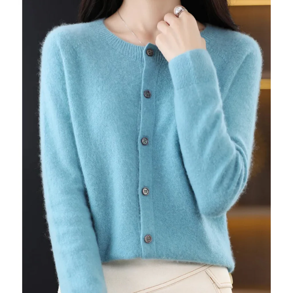 Plus Size Women's Long Sleeve Button-Up Knit Cardigan with Round Neck, S to 3XL