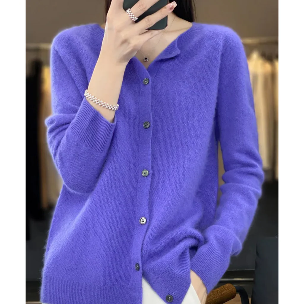 Plus Size Women's Long Sleeve Button-Up Knit Cardigan with Round Neck, S to 3XL