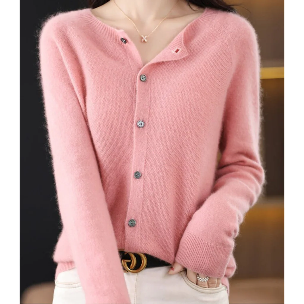Plus Size Women's Long Sleeve Button-Up Knit Cardigan with Round Neck, S to 3XL