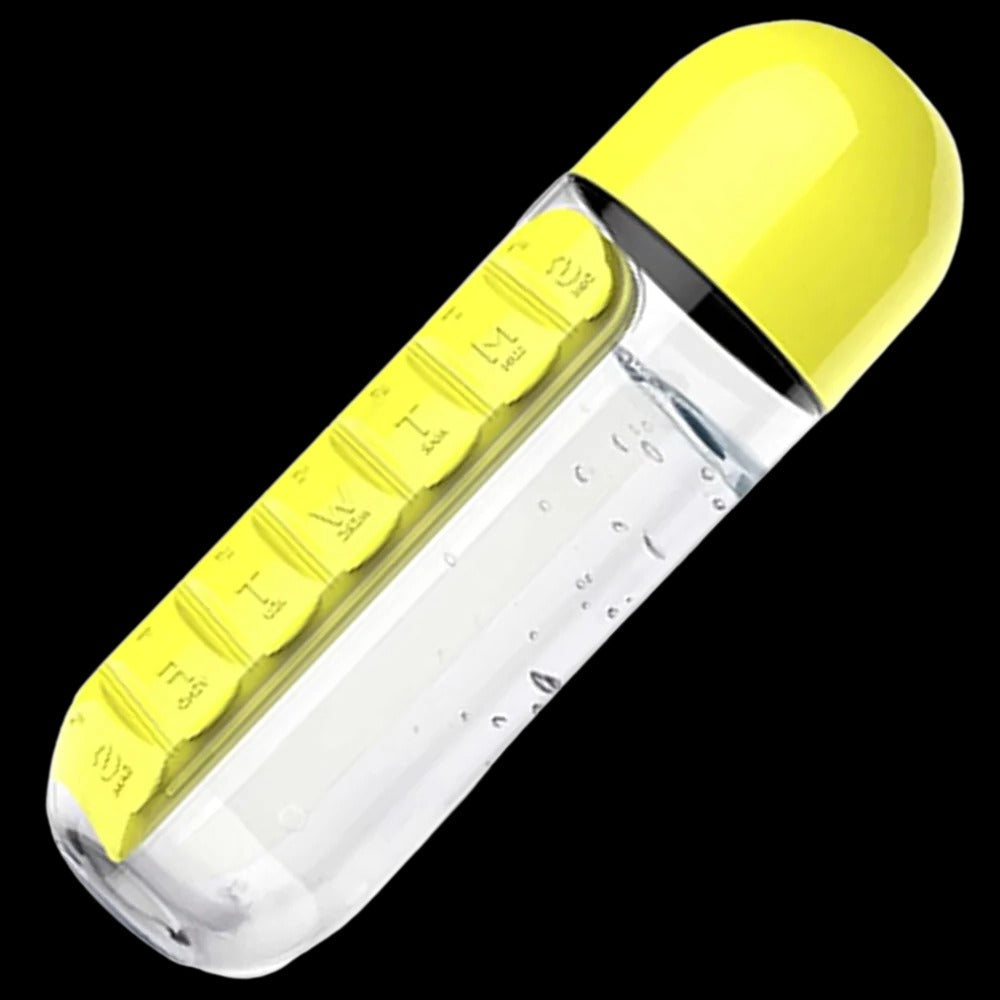 20 oz Leak-Resistant Travel Water Bottle with Integrated Pill Holder in Red, Blue, Pink, Black, and Yellow