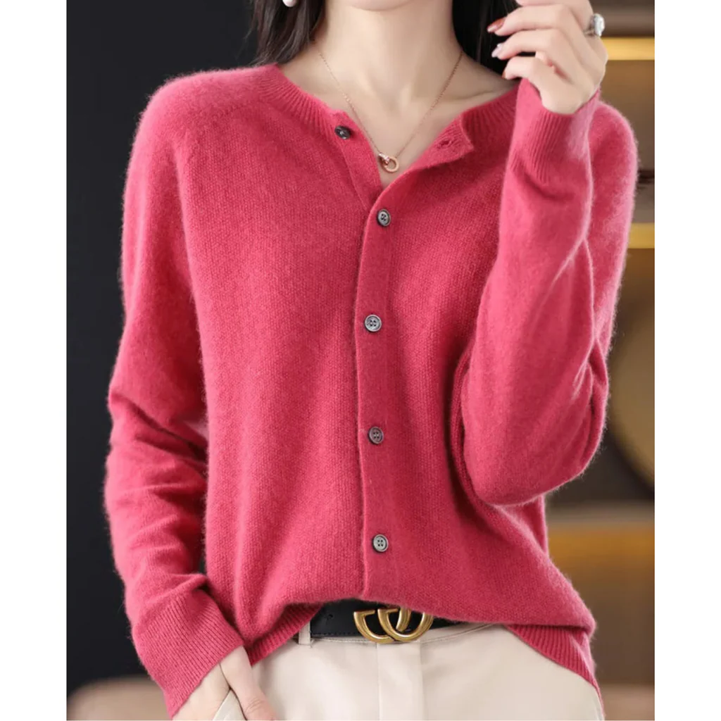 Plus Size Women's Long Sleeve Button-Up Knit Cardigan with Round Neck, S to 3XL
