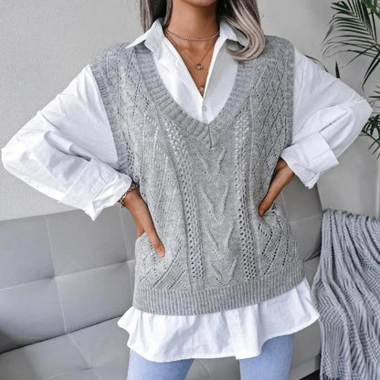 Soft Acrylic Sleeveless Sweater Vest for Women - V Neck Cable Knit Layer