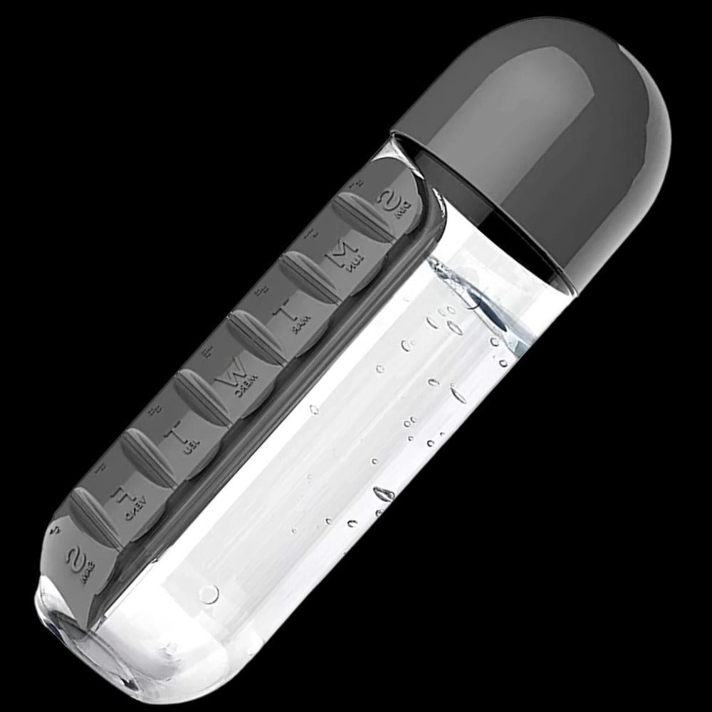 20 oz Leak-Resistant Travel Water Bottle with Integrated Pill Holder in Red, Blue, Pink, Black, and Yellow