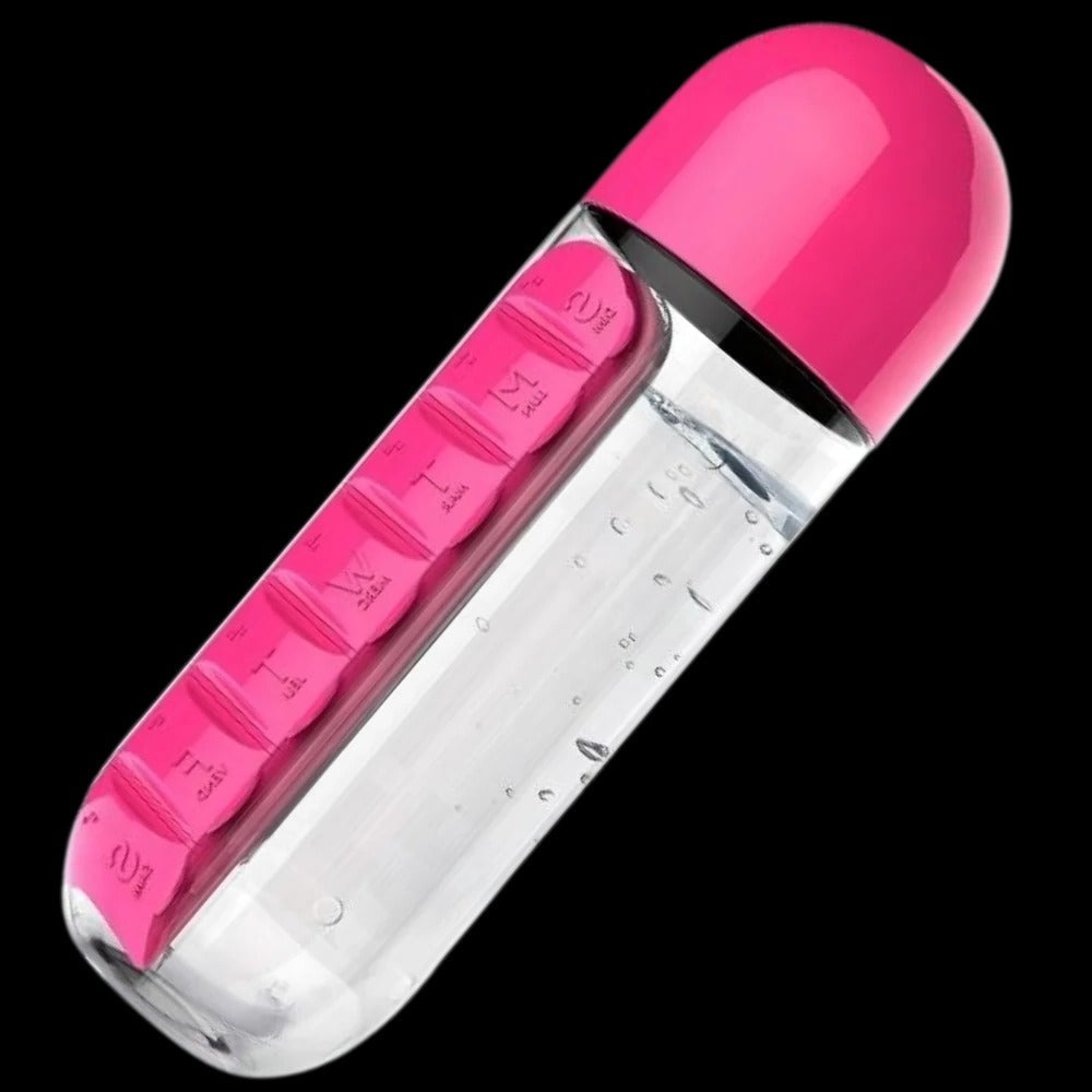 20 oz Leak-Resistant Travel Water Bottle with Integrated Pill Holder in Red, Blue, Pink, Black, and Yellow