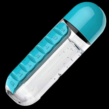 20 oz Leak-Resistant Travel Water Bottle with Integrated Pill Holder in Red, Blue, Pink, Black, and Yellow
