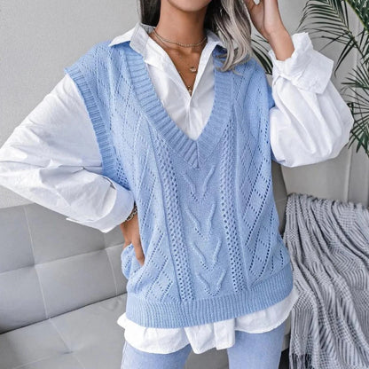 Soft Acrylic Sleeveless Sweater Vest for Women - V Neck Cable Knit Layer