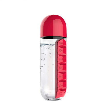 20 oz Leak-Resistant Travel Water Bottle with Integrated Pill Holder in Red, Blue, Pink, Black, and Yellow