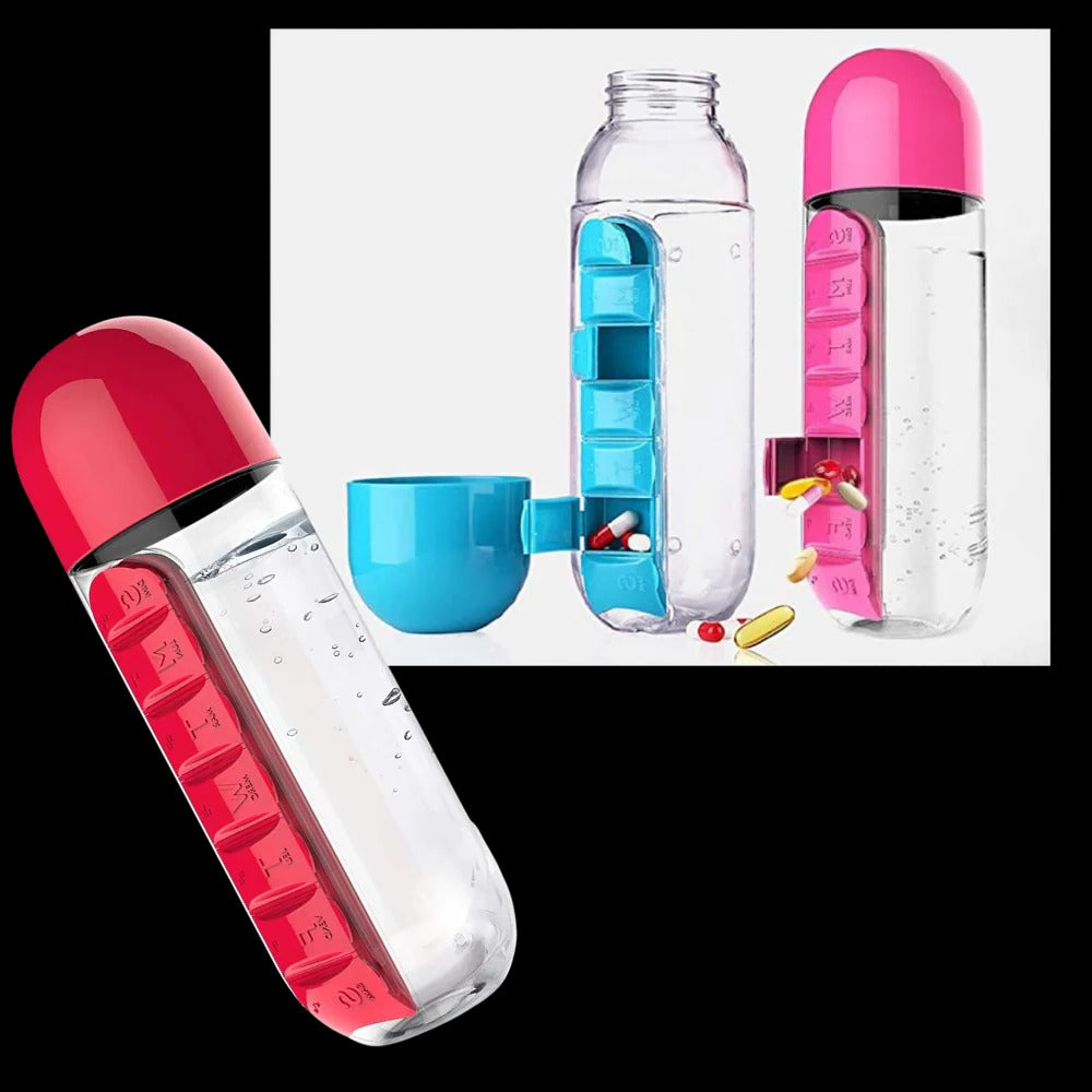 20 oz Leak-Resistant Travel Water Bottle with Integrated Pill Holder in Red, Blue, Pink, Black, and Yellow