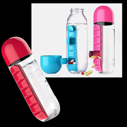 20 oz Leak-Resistant Travel Water Bottle with Integrated Pill Holder in Red, Blue, Pink, Black, and Yellow