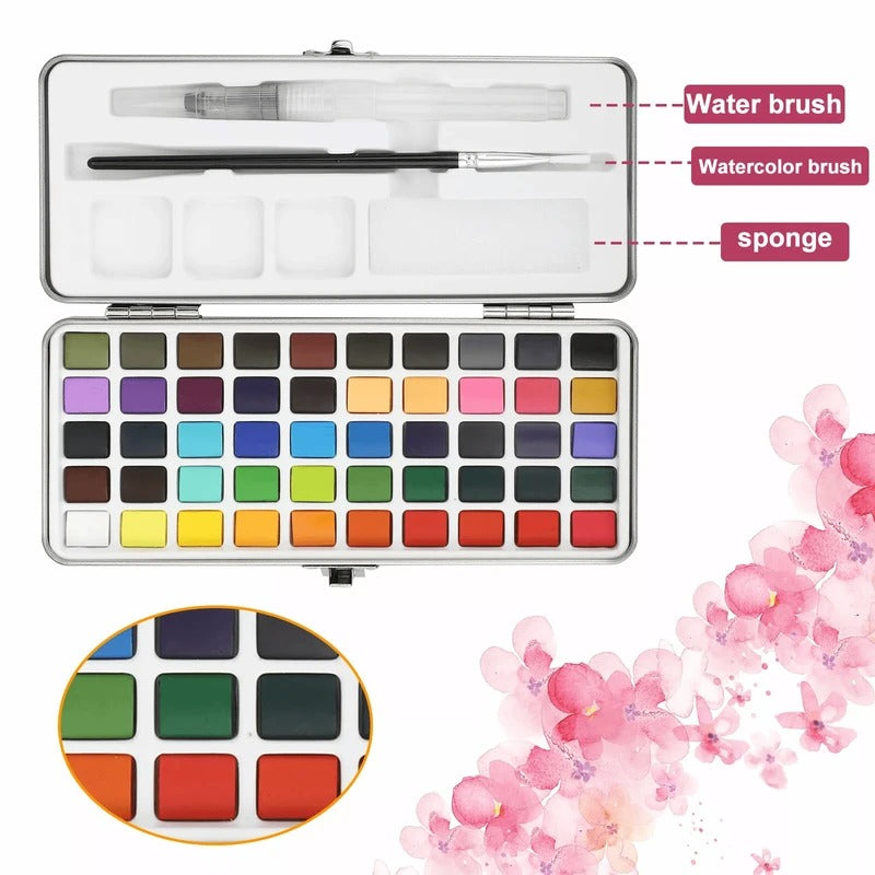 Portable Solid Watercolor Palette Set with 50 Colors, Brush, Sponge, and Mixing Dishes for Artists