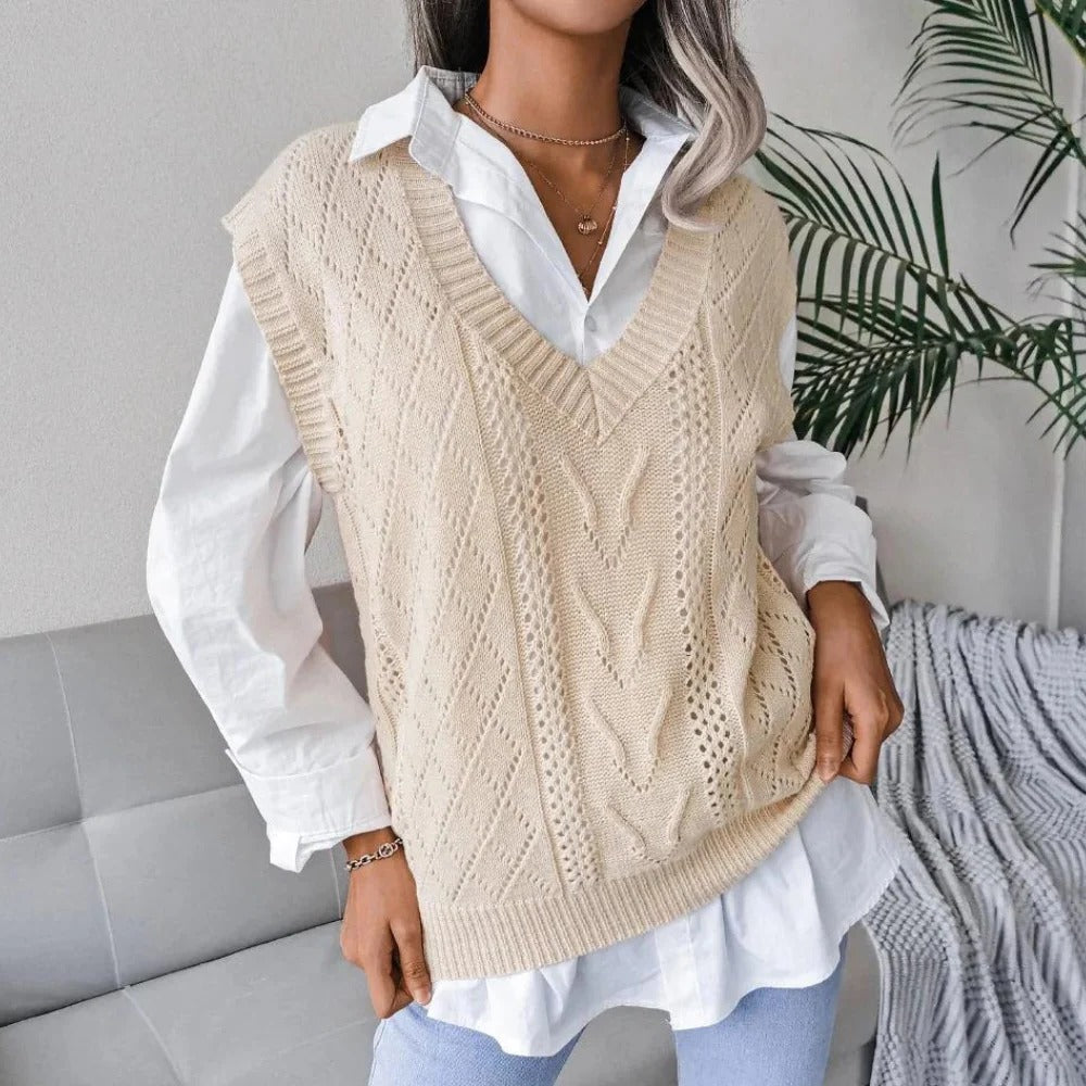 Soft Acrylic Sleeveless Sweater Vest for Women - V Neck Cable Knit Layer