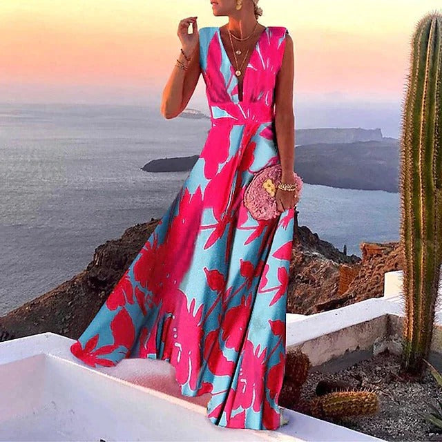 Sleeveless V Neck Maxi Dress for Women with Fitted Waist in Lightweight Summer Fabric