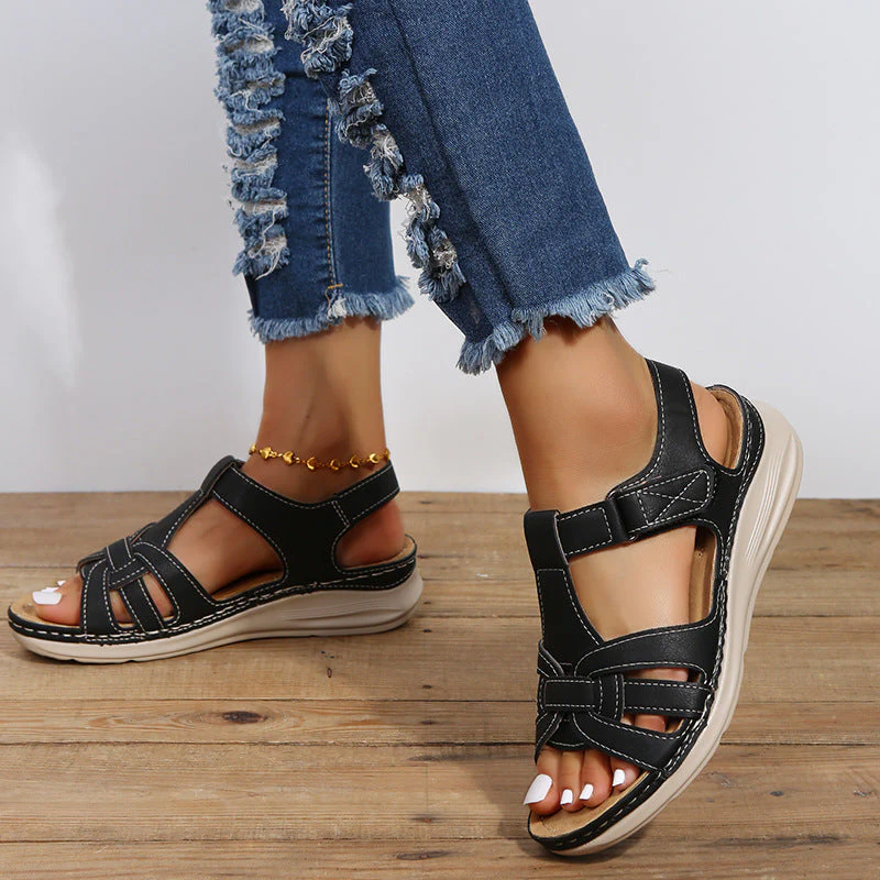 Adjustable Strap Flat Comfort Walking Shoes for Women - Brown and Black Sandals