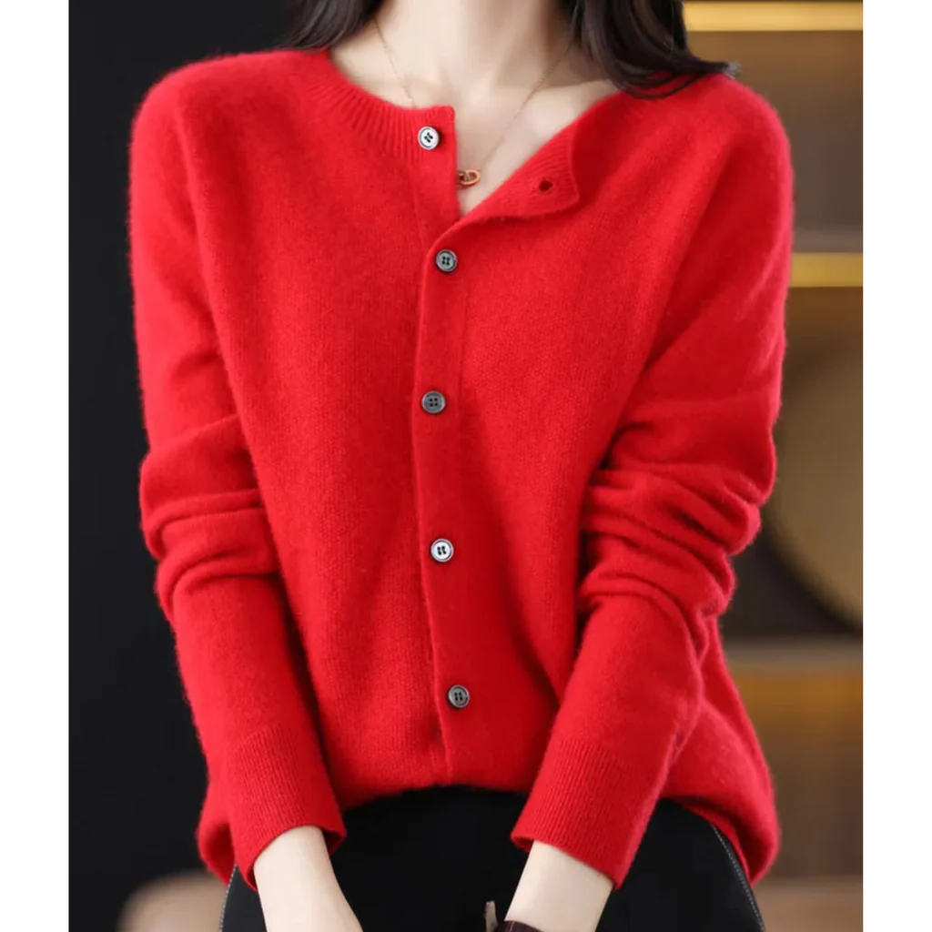Plus Size Women's Long Sleeve Button-Up Knit Cardigan with Round Neck, S to 3XL