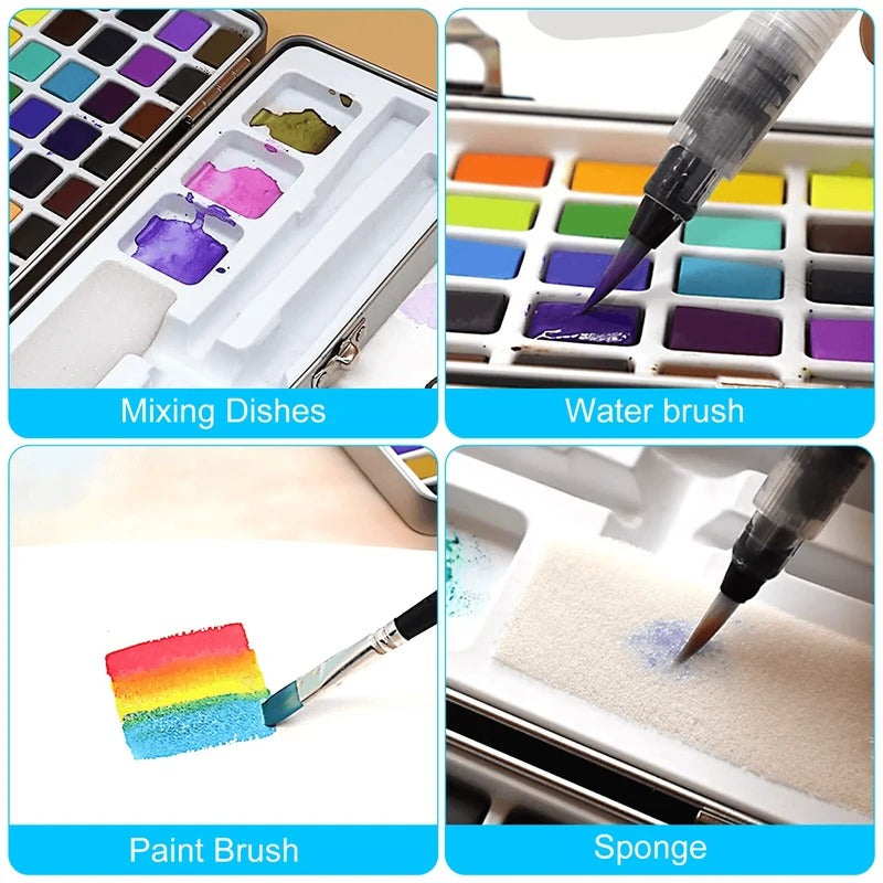 Portable Solid Watercolor Palette Set with 50 Colors, Brush, Sponge, and Mixing Dishes for Artists