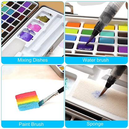 Portable Solid Watercolor Palette Set with 50 Colors, Brush, Sponge, and Mixing Dishes for Artists