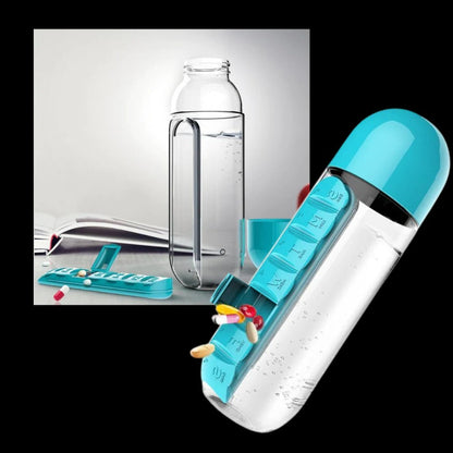 20 oz Leak-Resistant Travel Water Bottle with Integrated Pill Holder in Red, Blue, Pink, Black, and Yellow