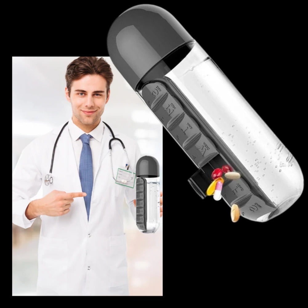 20 oz Leak-Resistant Travel Water Bottle with Integrated Pill Holder in Red, Blue, Pink, Black, and Yellow