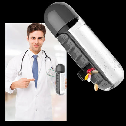 20 oz Leak-Resistant Travel Water Bottle with Integrated Pill Holder in Red, Blue, Pink, Black, and Yellow