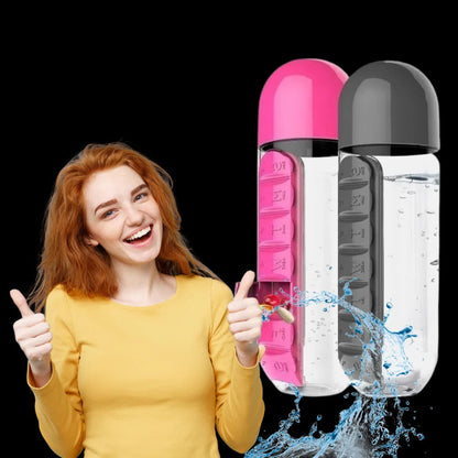 20 oz Leak-Resistant Travel Water Bottle with Integrated Pill Holder in Red, Blue, Pink, Black, and Yellow