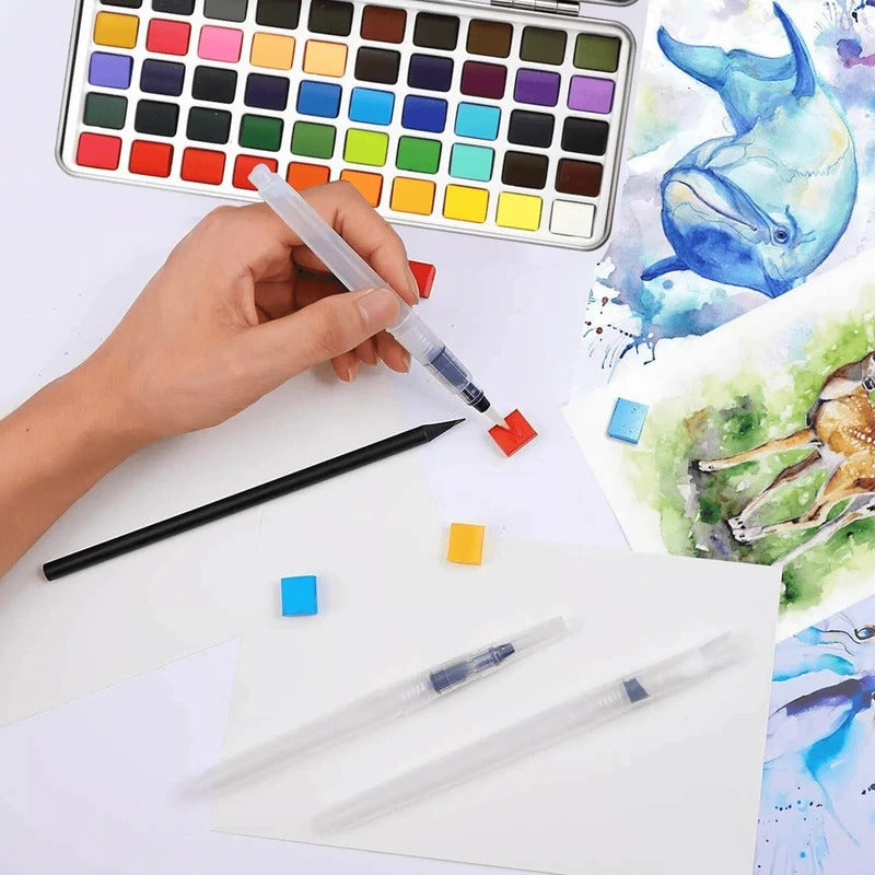 Portable Solid Watercolor Palette Set with 50 Colors, Brush, Sponge, and Mixing Dishes for Artists