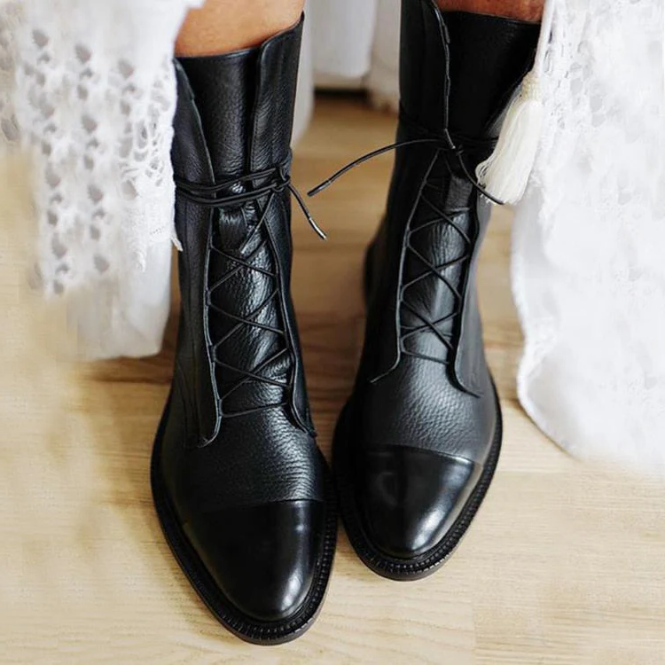 Women's Black Lace-Up Ankle Booties in Eco Leather with Cotton Lining