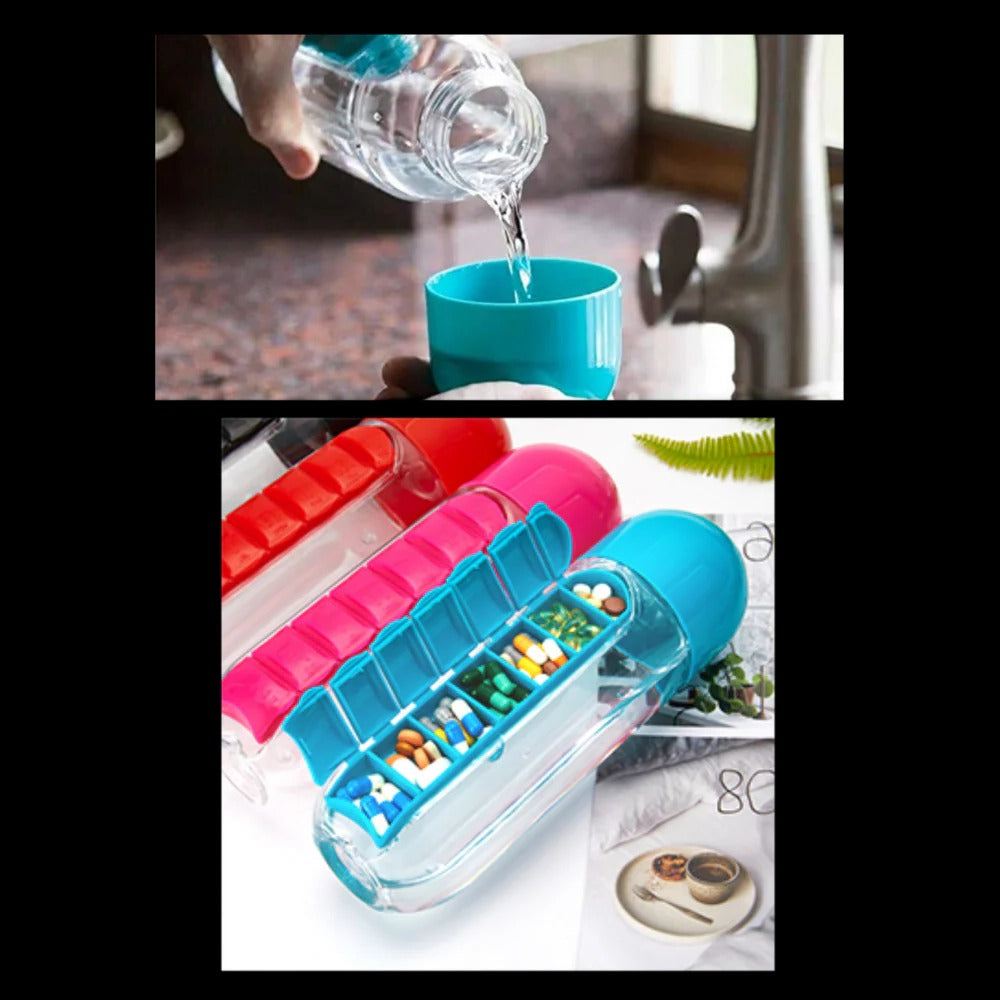 20 oz Leak-Resistant Travel Water Bottle with Integrated Pill Holder in Red, Blue, Pink, Black, and Yellow