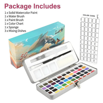 Portable Solid Watercolor Palette Set with 50 Colors, Brush, Sponge, and Mixing Dishes for Artists