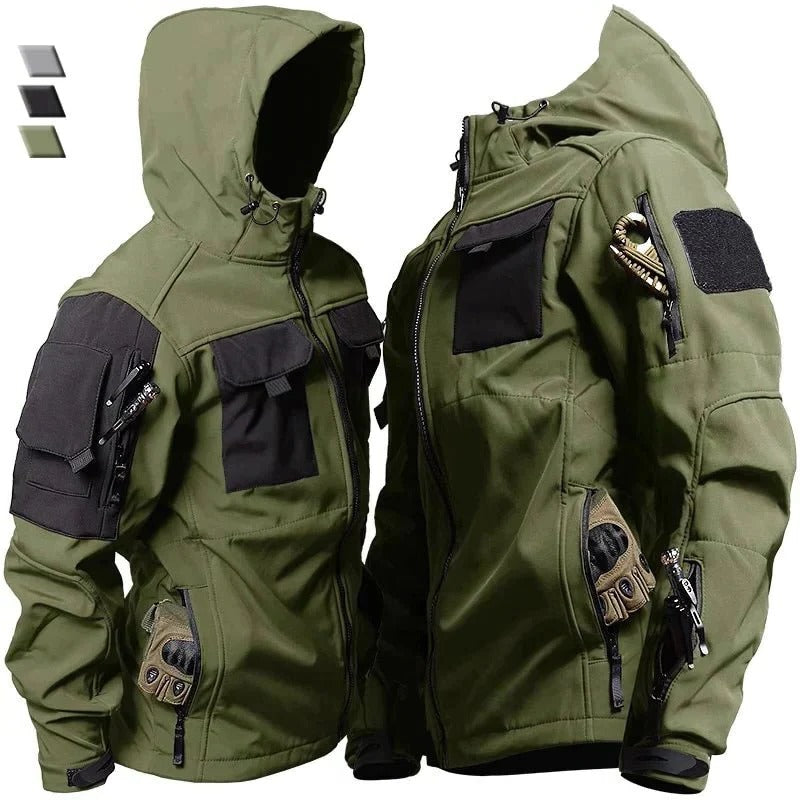 Windproof Outdoor Jacket for Him and Her, Multi Pocket Tactical Coat in Green, Black, and Gray