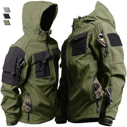Windproof Outdoor Jacket for Him and Her, Multi Pocket Tactical Coat in Green, Black, and Gray